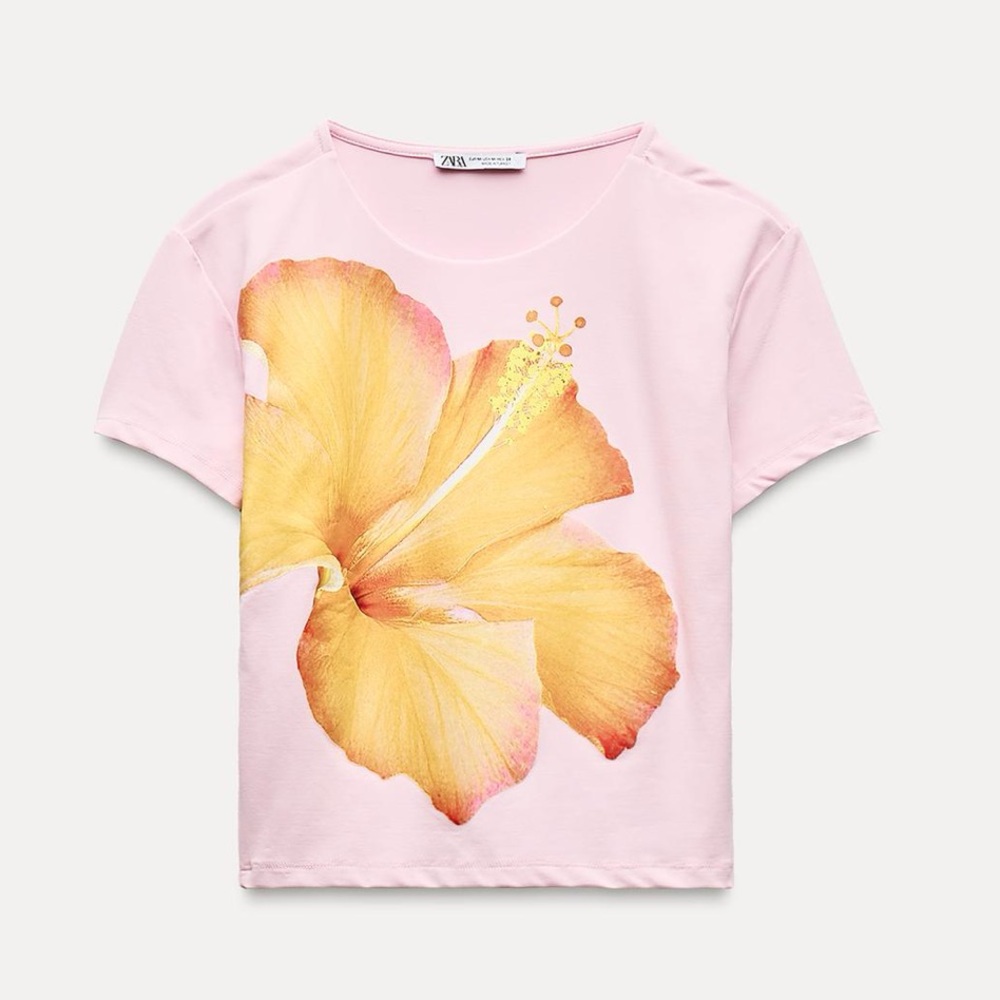 ZARA Floral Polyamide T-Shirt | Med